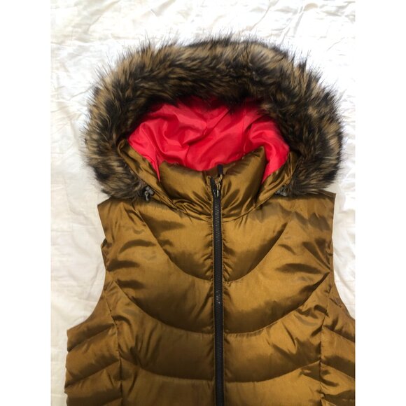 Eddie Bauer Puffer Vest with Faux Fur Trim Metallic Gold Bronze Size M - Picture 2 of 13